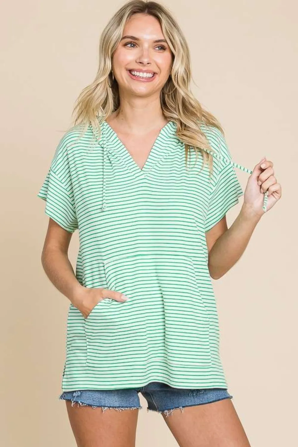 Full Size Striped Short Sleeve Hooded Top, image 4