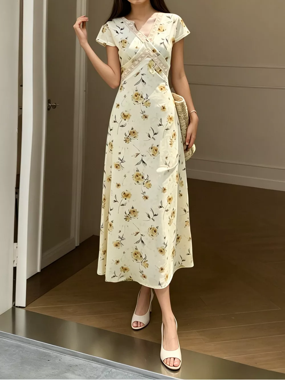 Floral V-Neck Midi Dress with Lace Trim, image 3