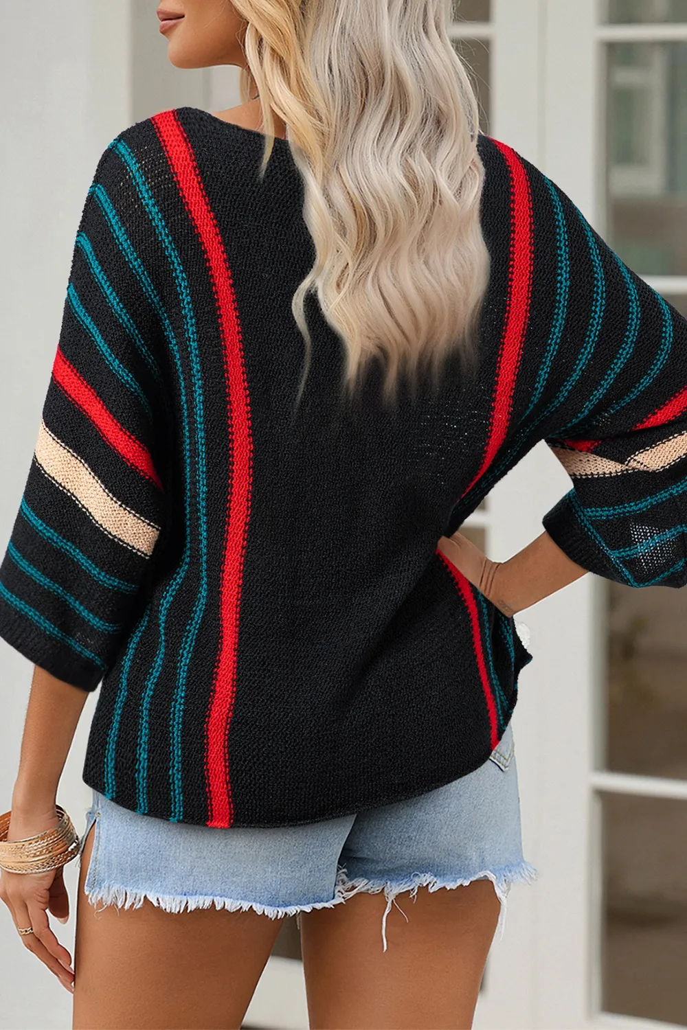 Striped Boat Neck Three-Quarter Sleeve Knit Top, image 7