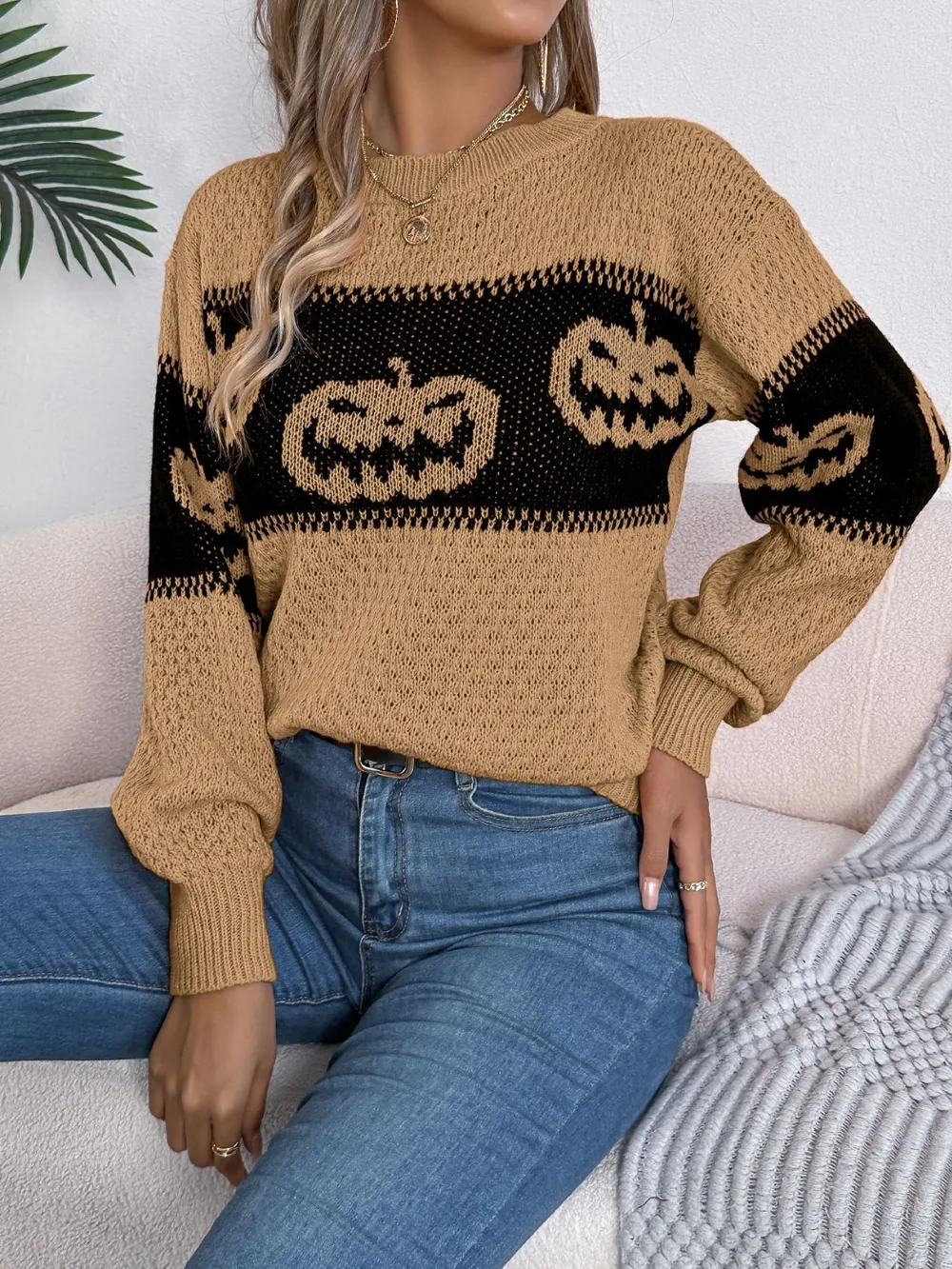 Pumpkin Round Neck Long Sleeve Sweater, image 12