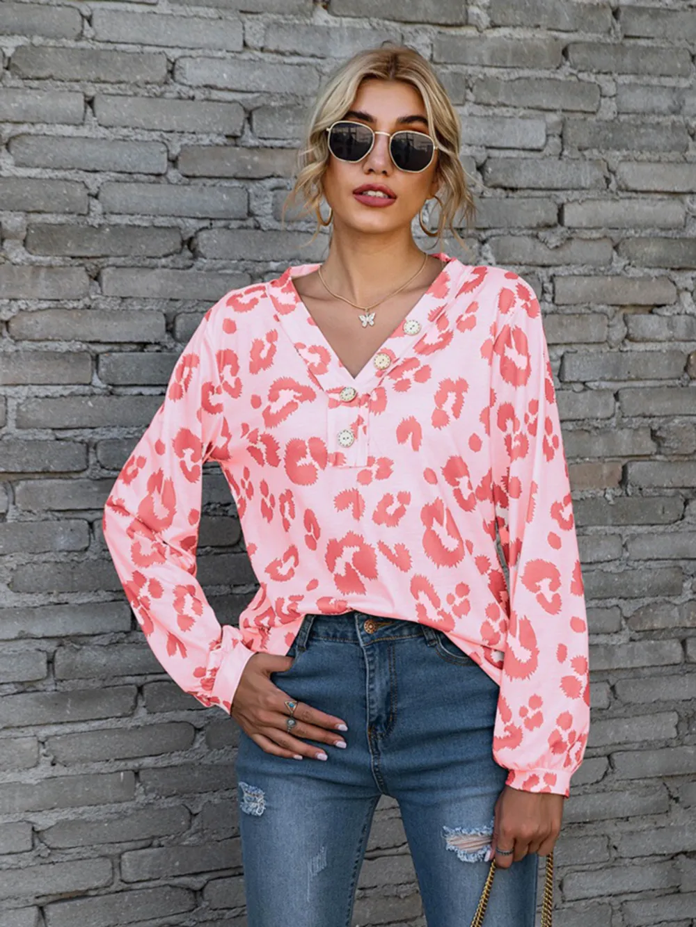 Leopard V-Neck Decorative Button Long Sleeve Blouse, image 9