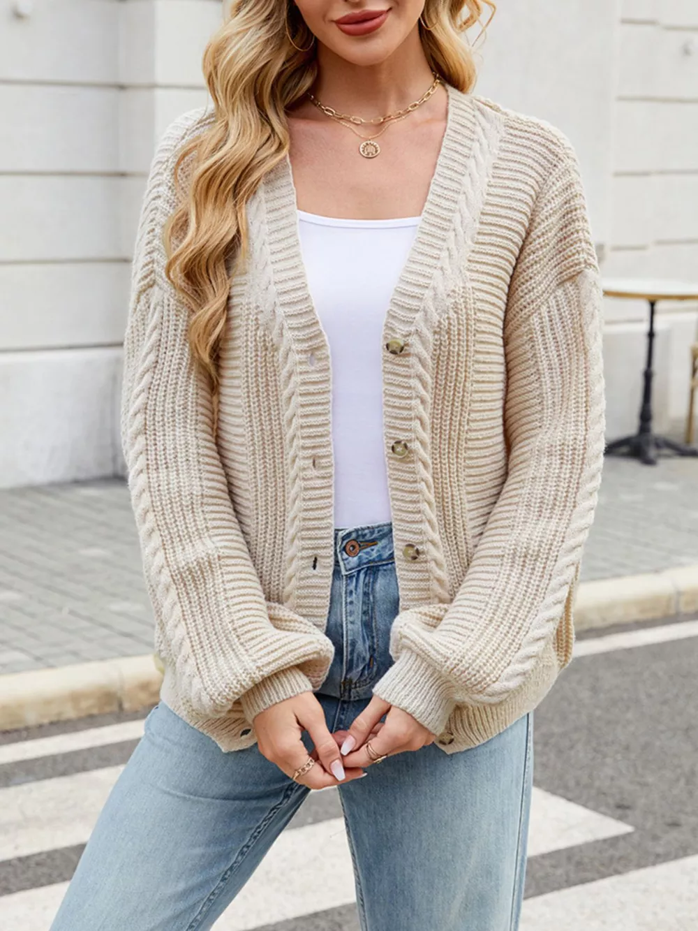 Cable Knit Button-Up Cardigan, image 2