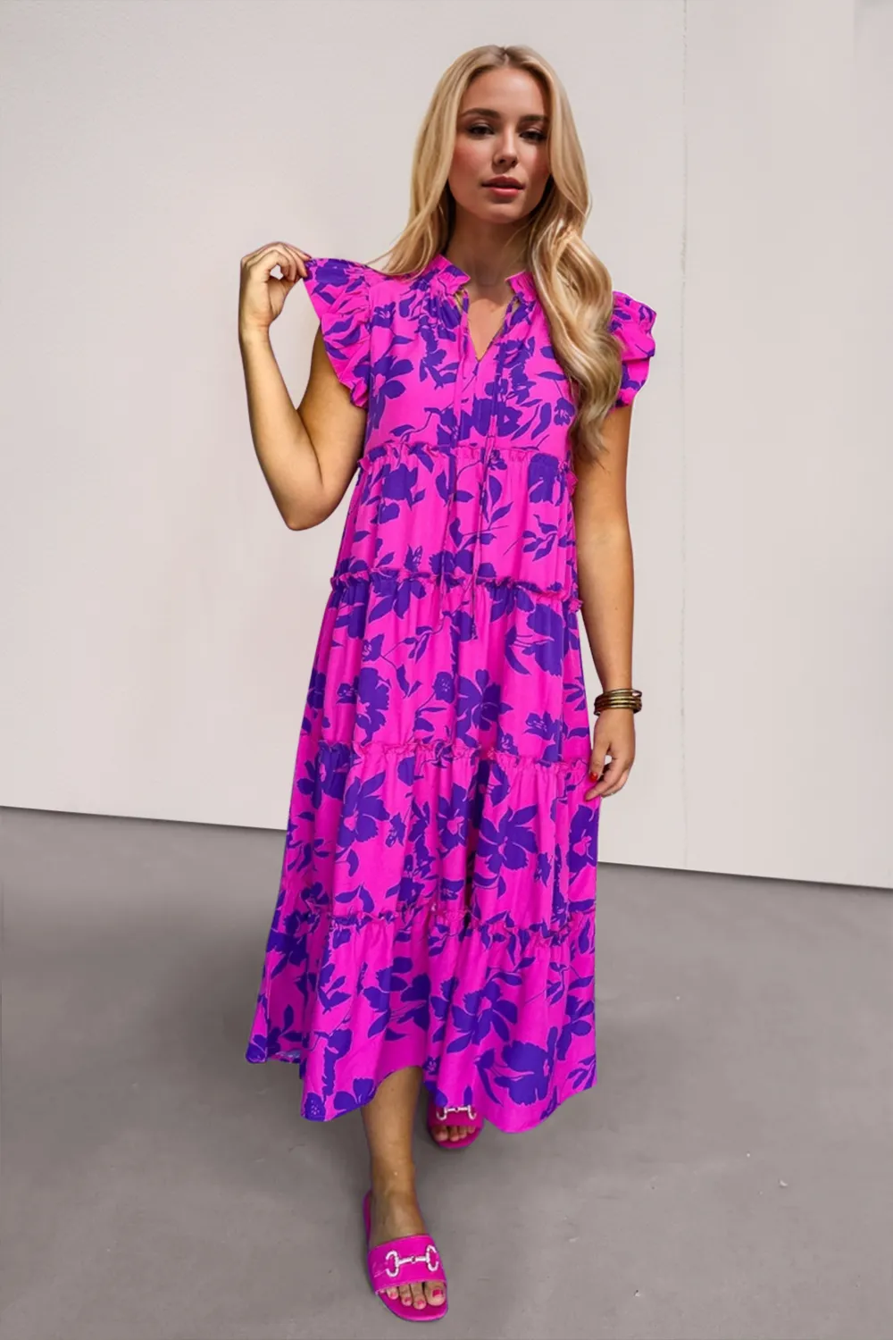 Full Size Ruffled Printed Notched Cap Sleeve Midi Dress, image 4