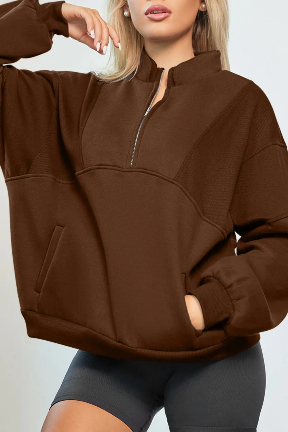 Half Zip Drop Shoulder Long Sleeve Sweatshirt, image 8