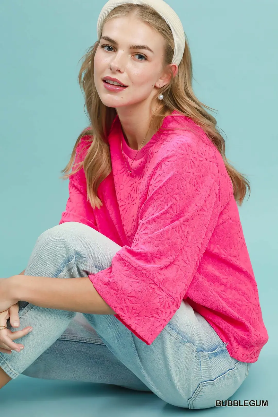 Round Neck Textured Floral Terry Blouse, image 5