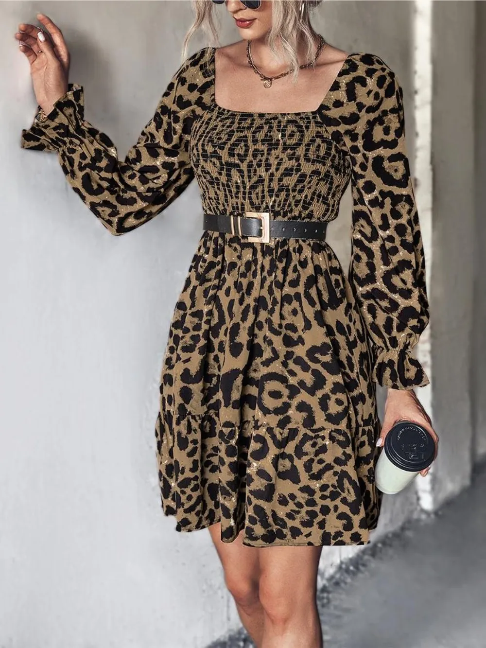 Leopard Smocked Flounce Sleeve Mini Dress, image 7