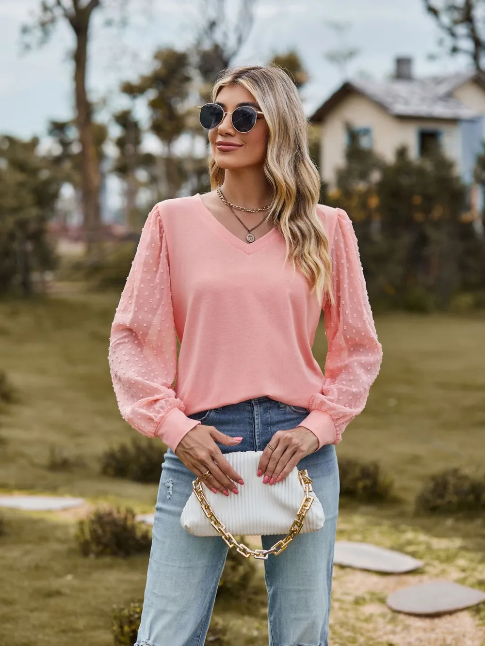 Swiss Dot V-Neck Long Sleeve Blouse, image 5