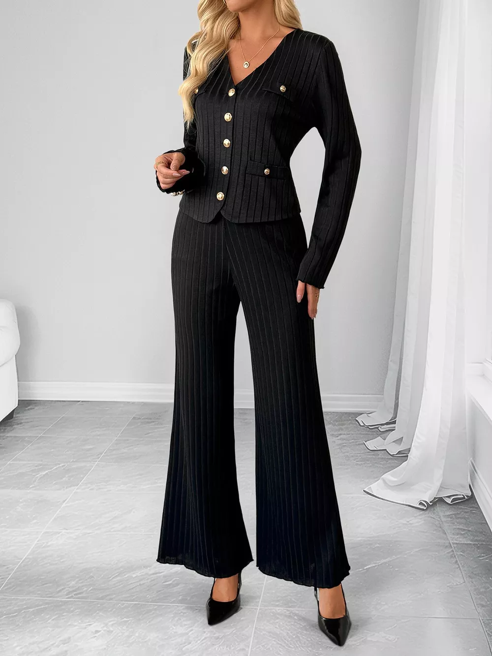 Ribbed Knit Cardigan & Wide Leg Pants Set, image 7