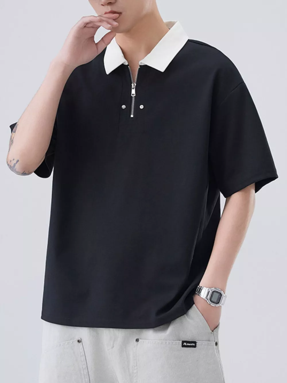 Men's Plus Size Quarter Zip Short Sleeve Polo, image 3