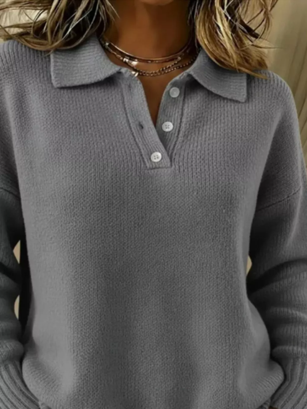 Full Size Half Button Collar Drop Shoulder Sweater Plus Size, image 14