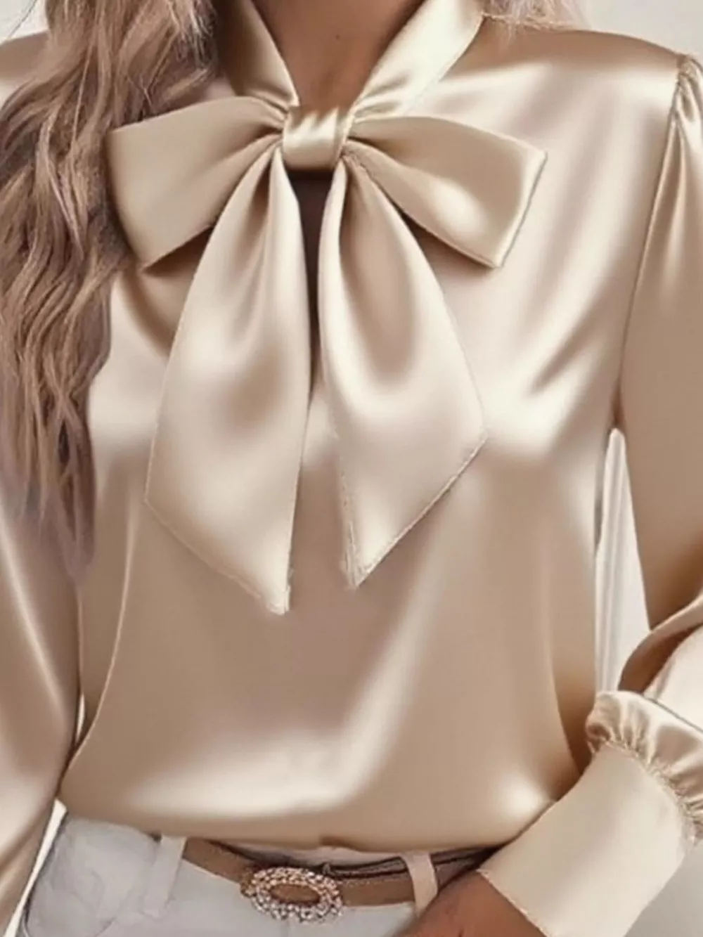 Satin Bow Tie Long Sleeve Top, image 2