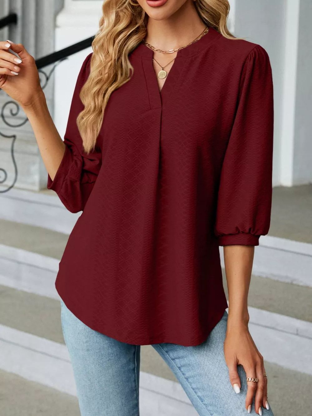 Notched 3/4 Sleeve Casual Top, image 24