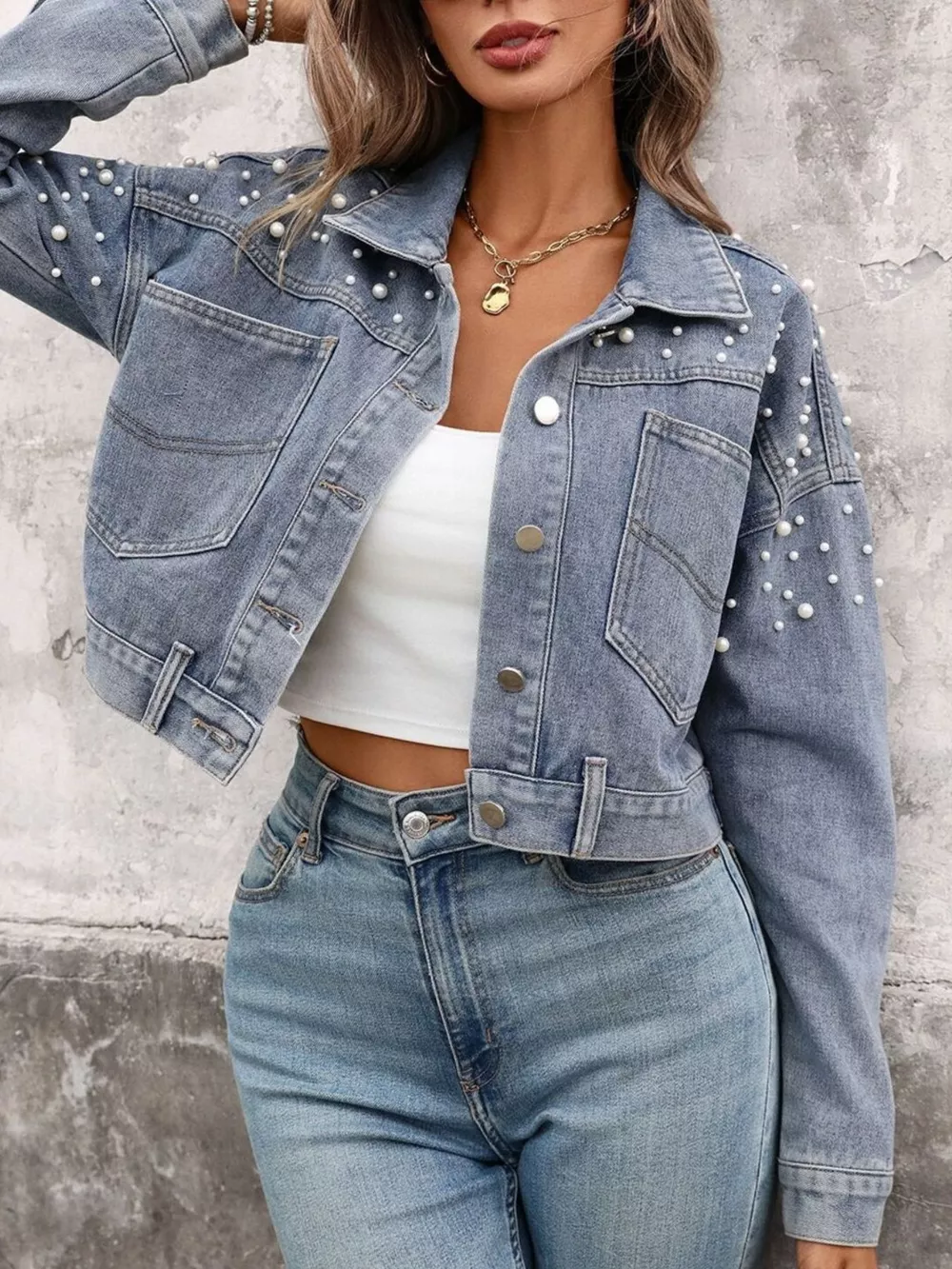 Pearl Embellished Cropped Denim Jacket, image 3