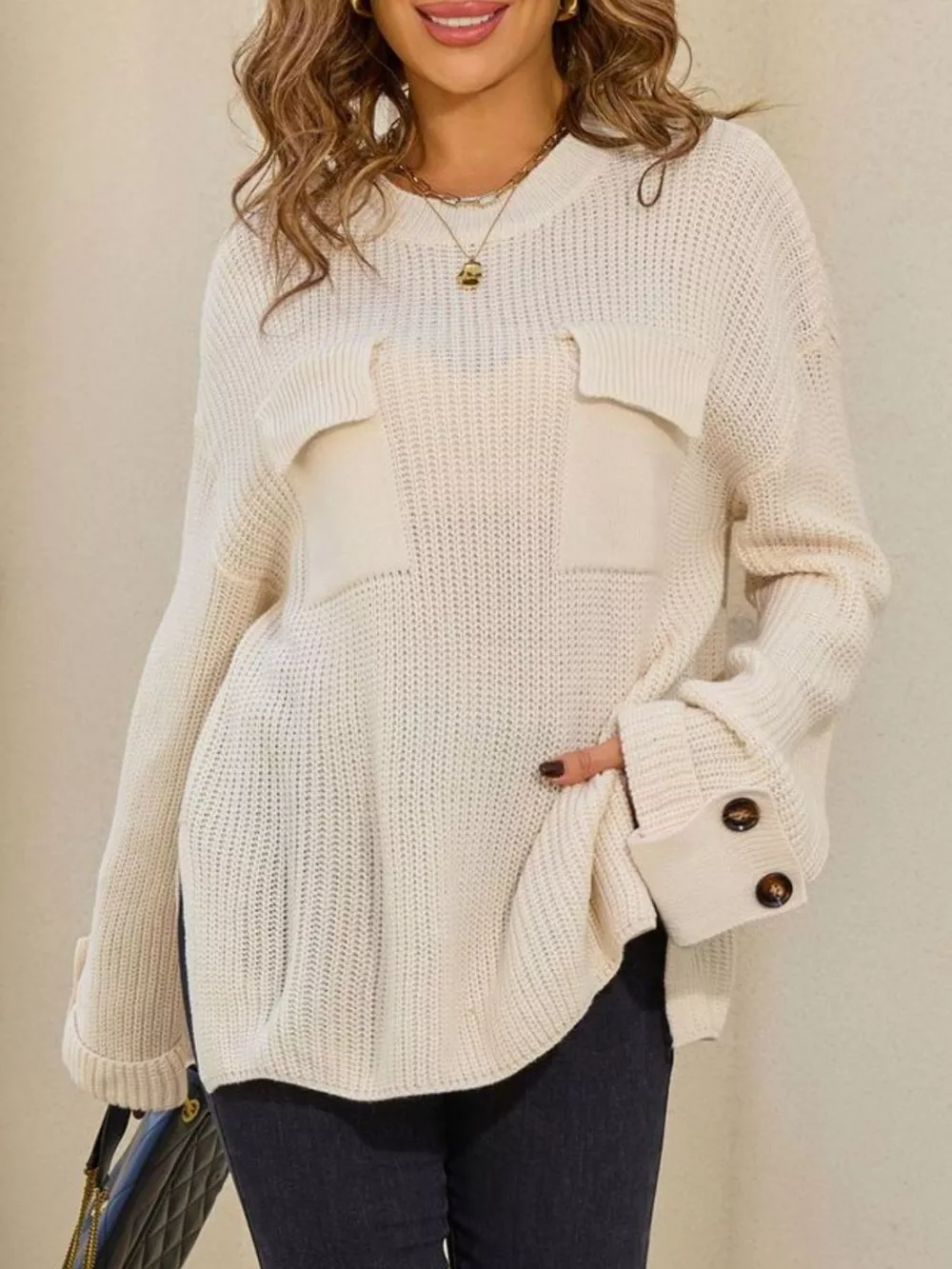 Pocket Detail Round Neck Sweater, image 6