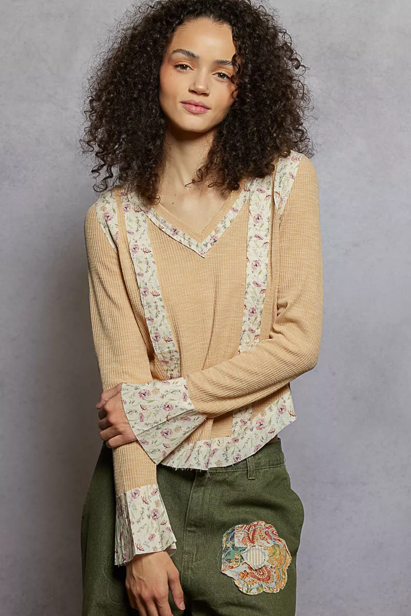 Floral Patch V-Neck Long Sleeve Ribbed Top, image 2