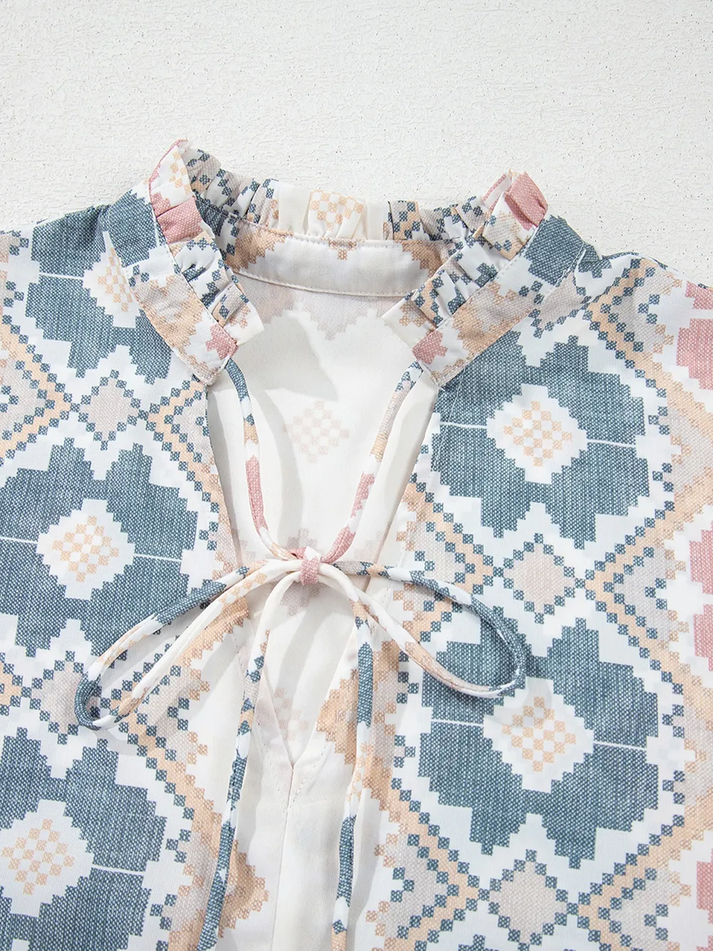 Bohemian Geometric Print Blouse with Tassel Tie, image 4