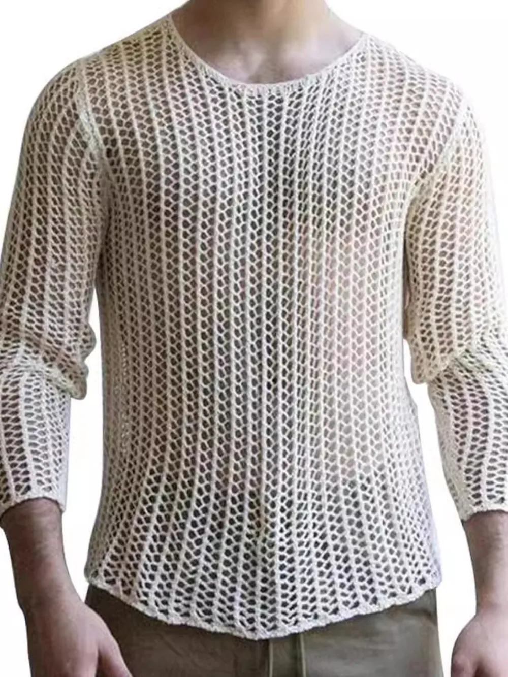 Men's Full Size Hollow Out Round Neck Long Sleeve Top Plus Size, image 4