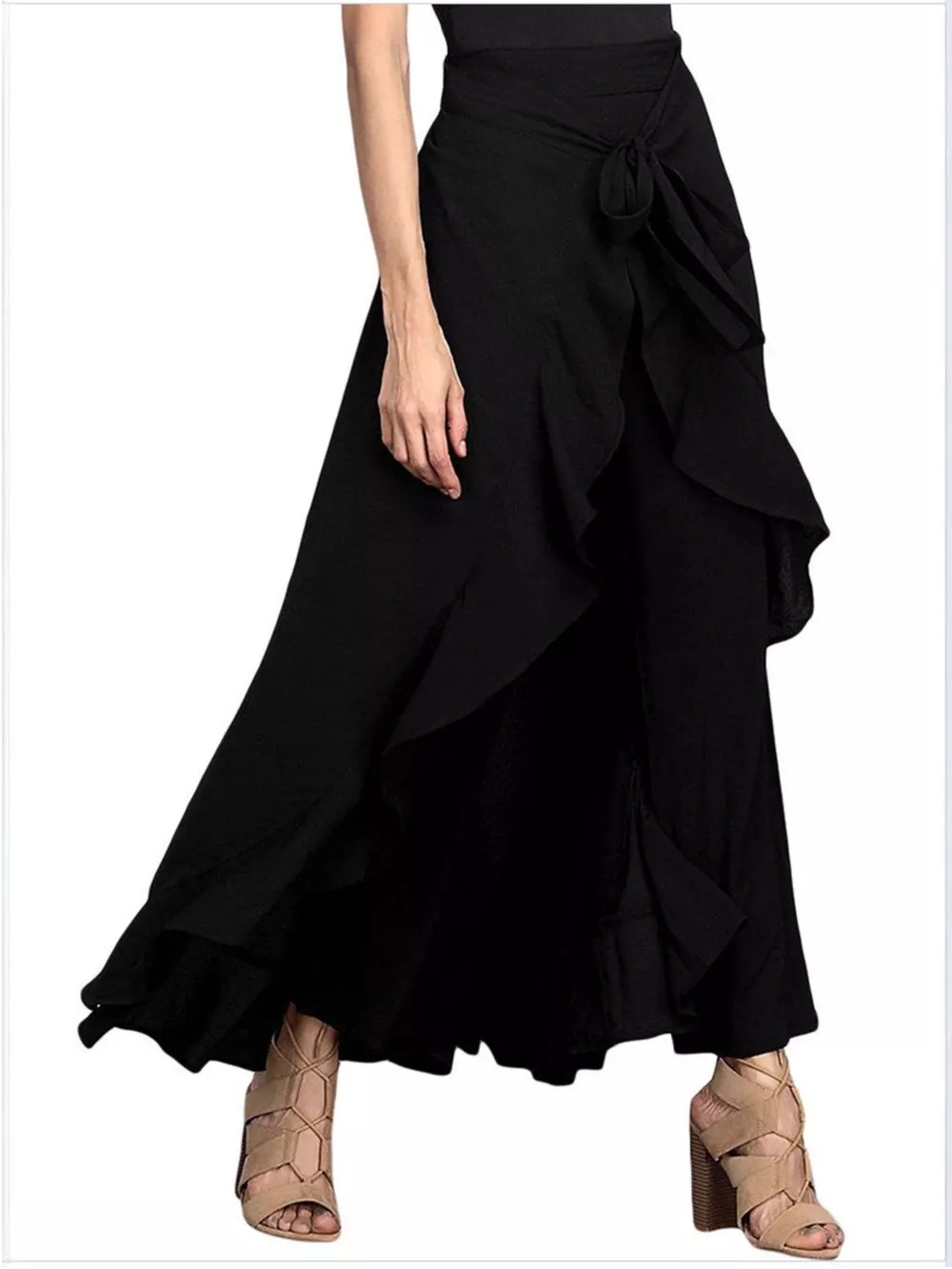 Full Size High-Waisted Tie-Front Ruffled Wide-Leg Pants Plus Size, image 3