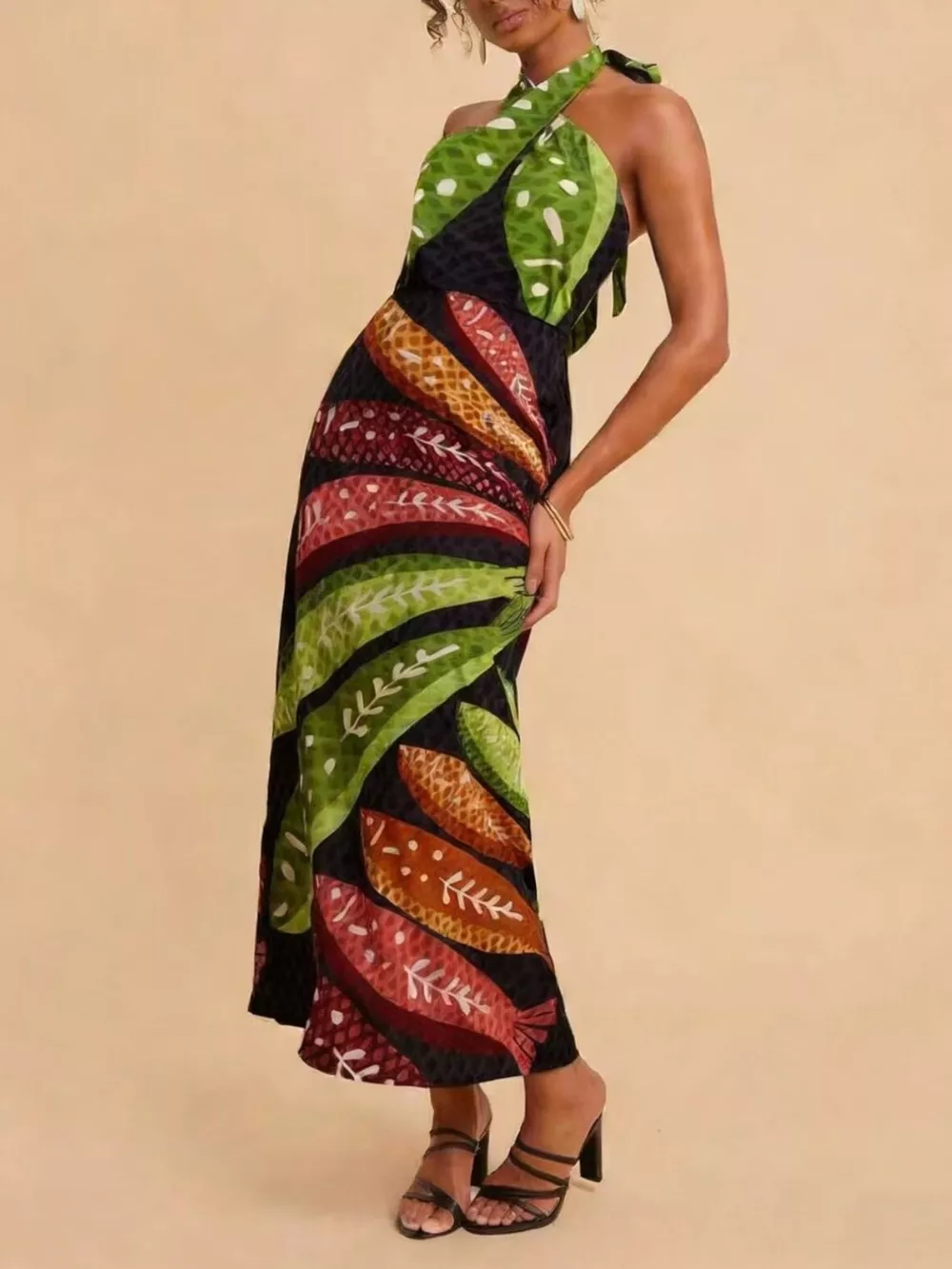 Tropical Print Halter Neck Midi Dress, image 5