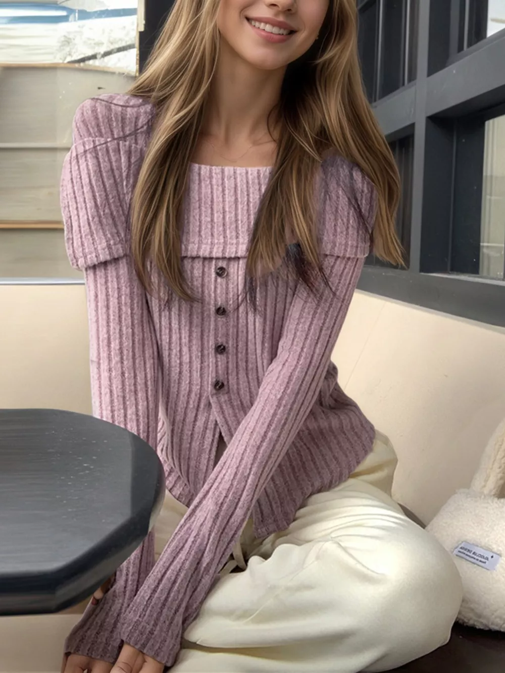 Ribbed Square Neck Long Sleeve Top, image 3
