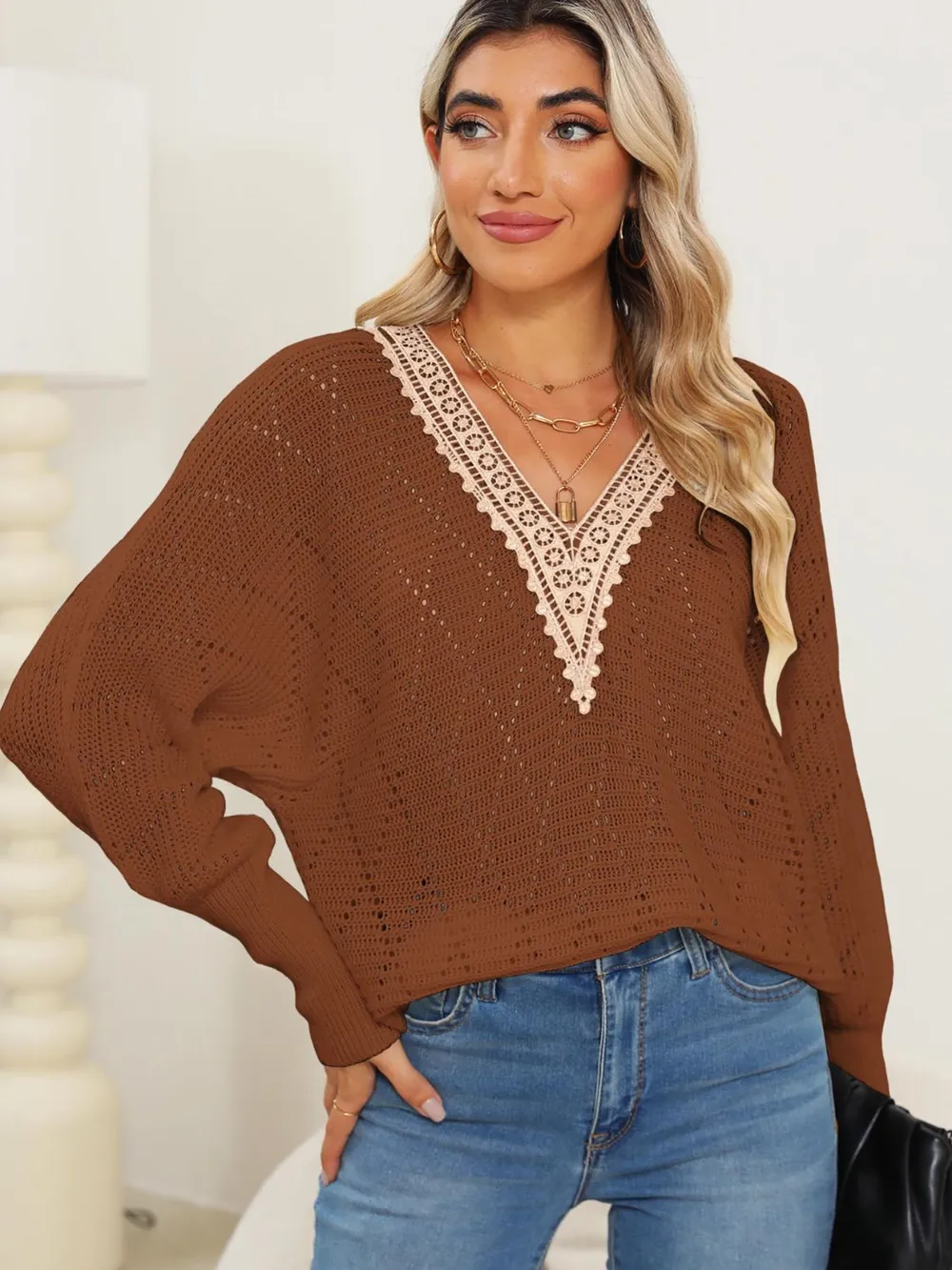 Lace Detail V-Neck Long Sleeve Sweater, image 11
