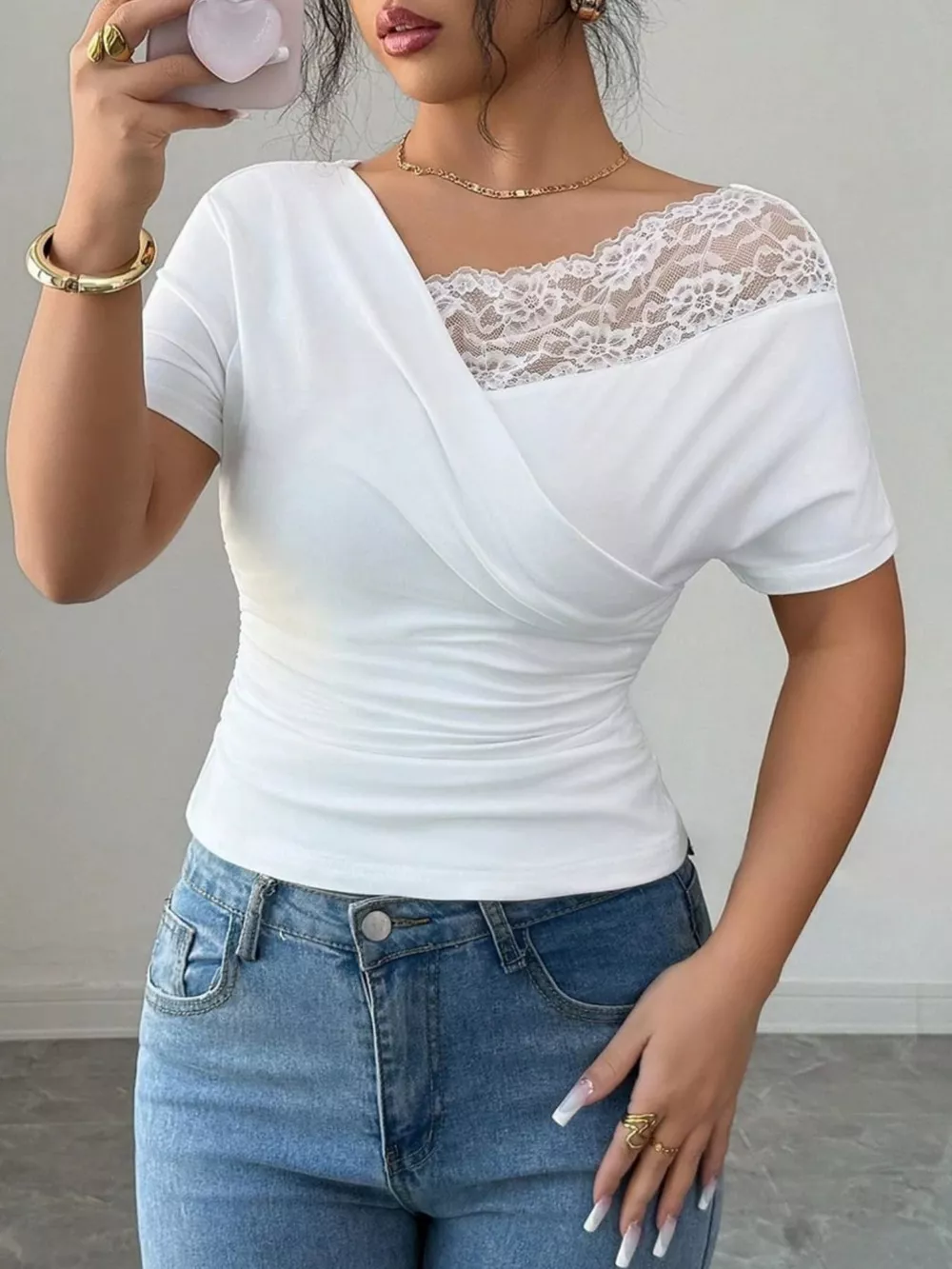 Elegant Lace Trim Asymmetrical Top, image 3
