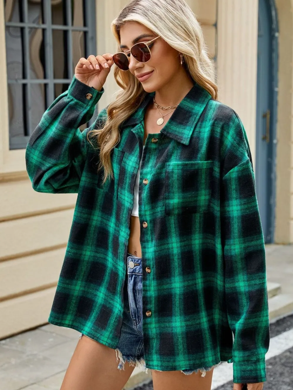 Plaid Collared Neck Long Sleeve Shirt, image 9