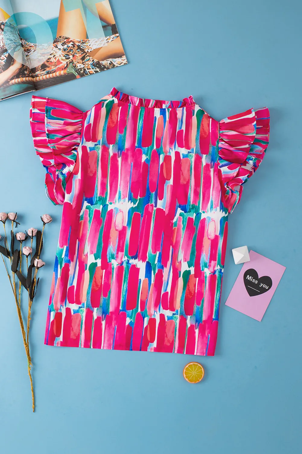 Ruffled Printed Notched Cap Sleeve Blouse, image 3