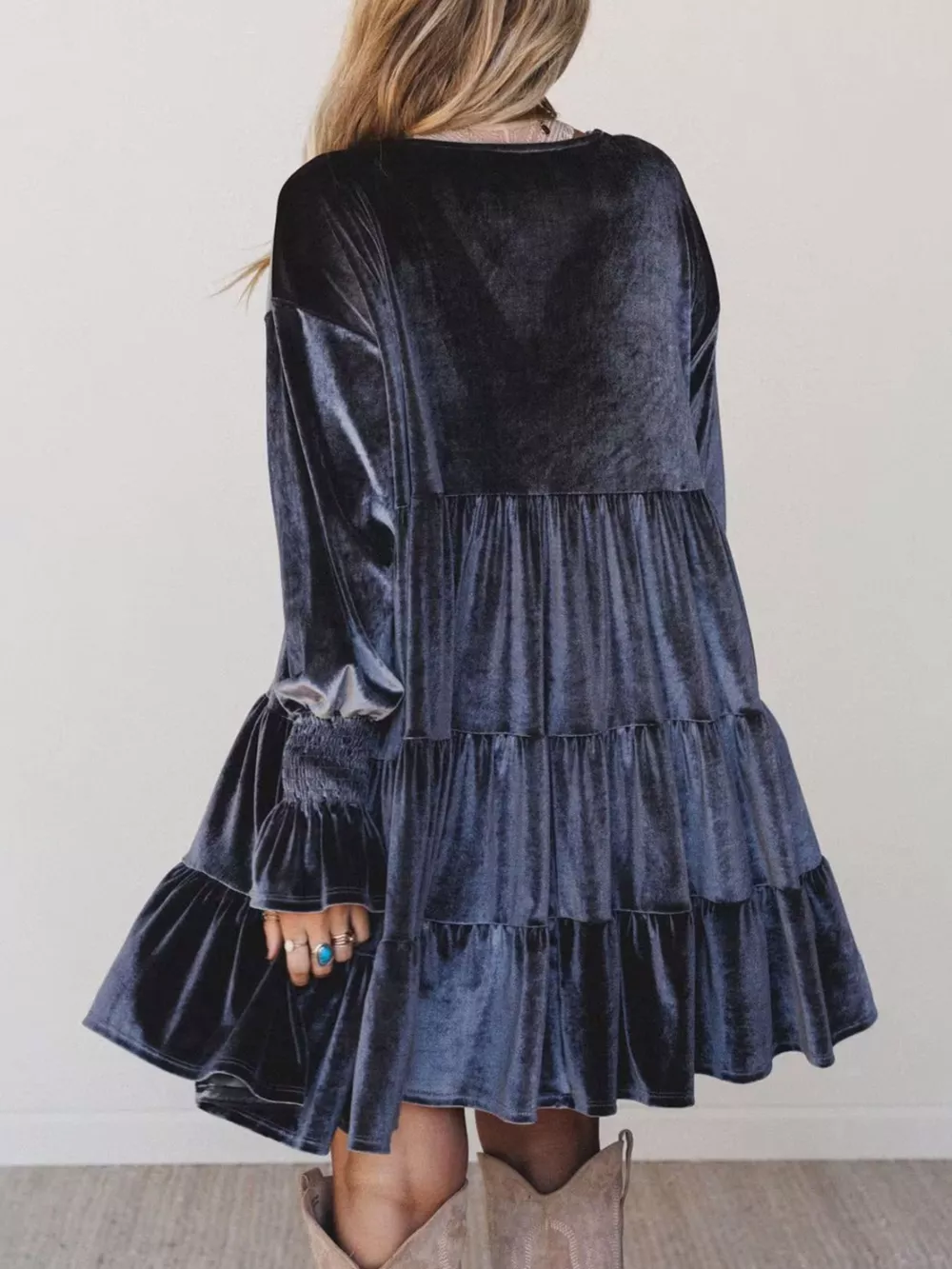 Velvet Tiered Mini Dress with Balloon Sleeves, image 15