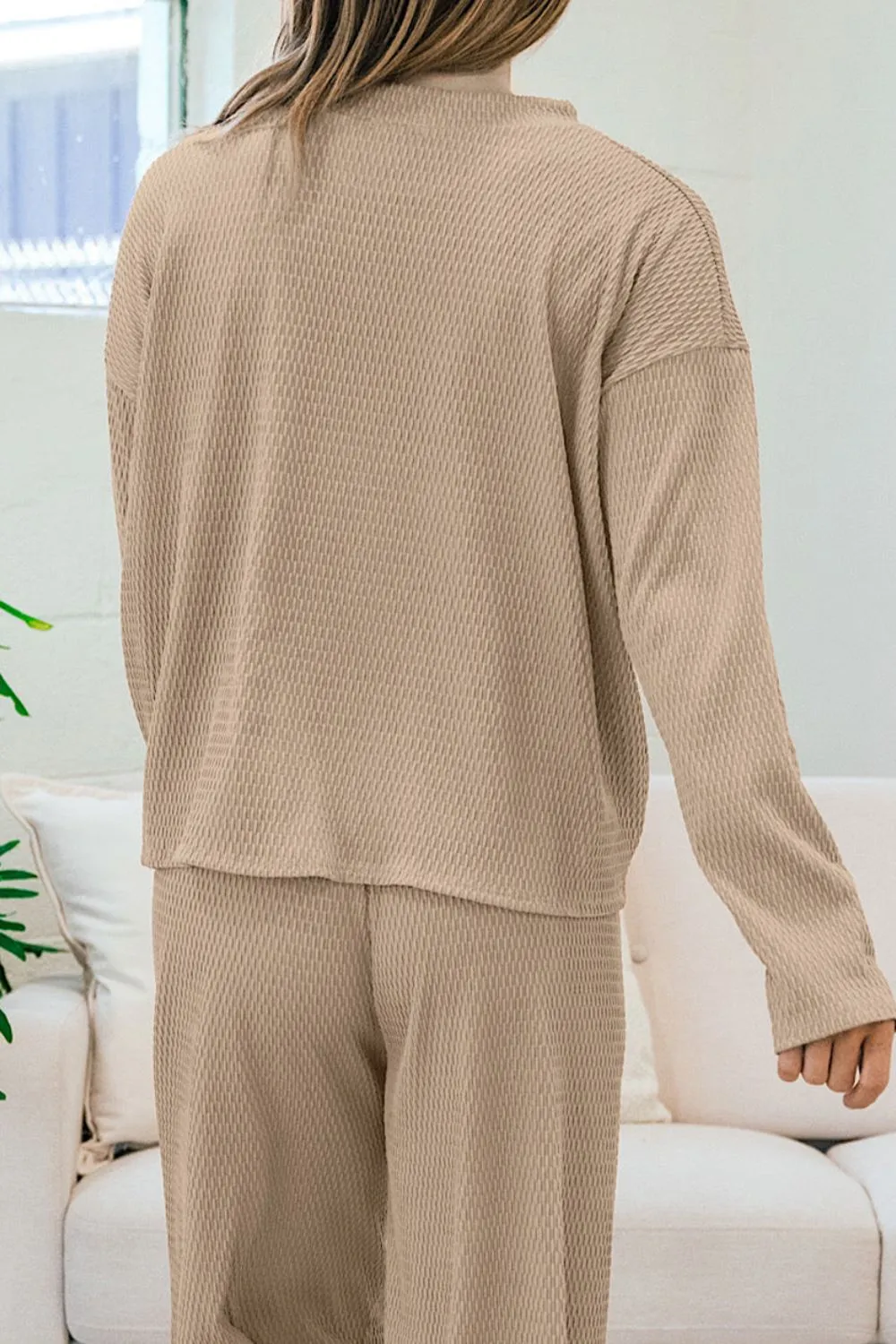 Round Neck Dropped Shoulder Top and Pants Set, image 2