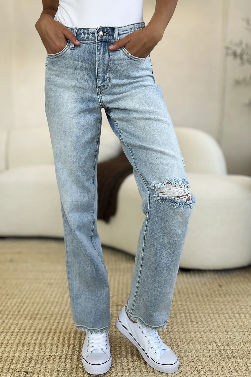 Full Size High Waist Distressed Straight Jeans, image 5