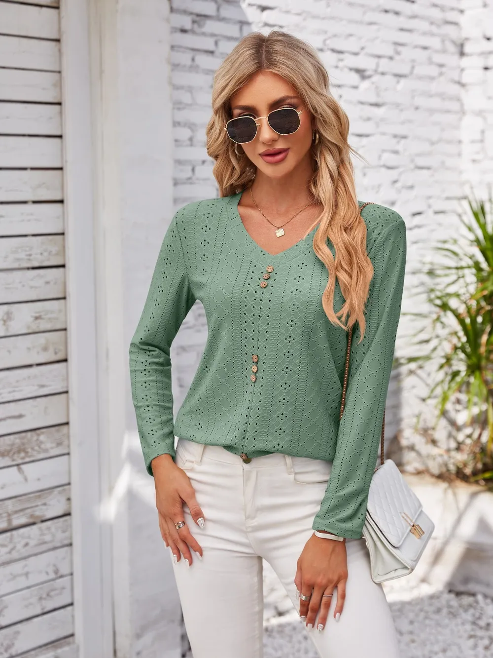 Decorative Button Openwork V-Neck T-Shirt, image 19