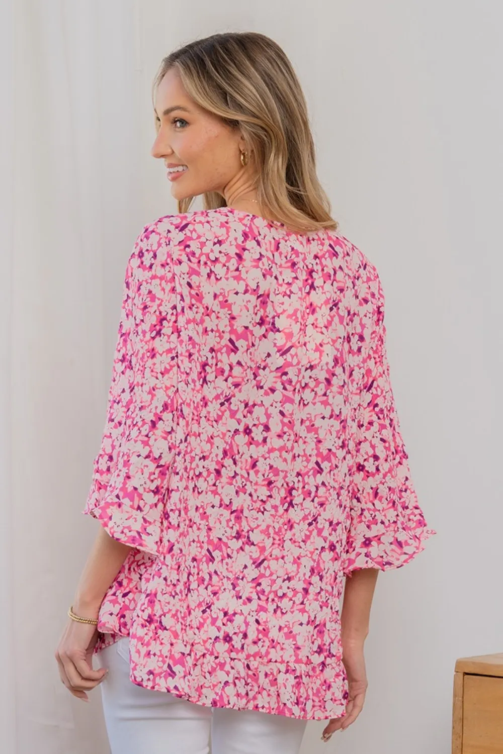 Full Size Floral V-Neck Flounce Sleeve Top, image 2