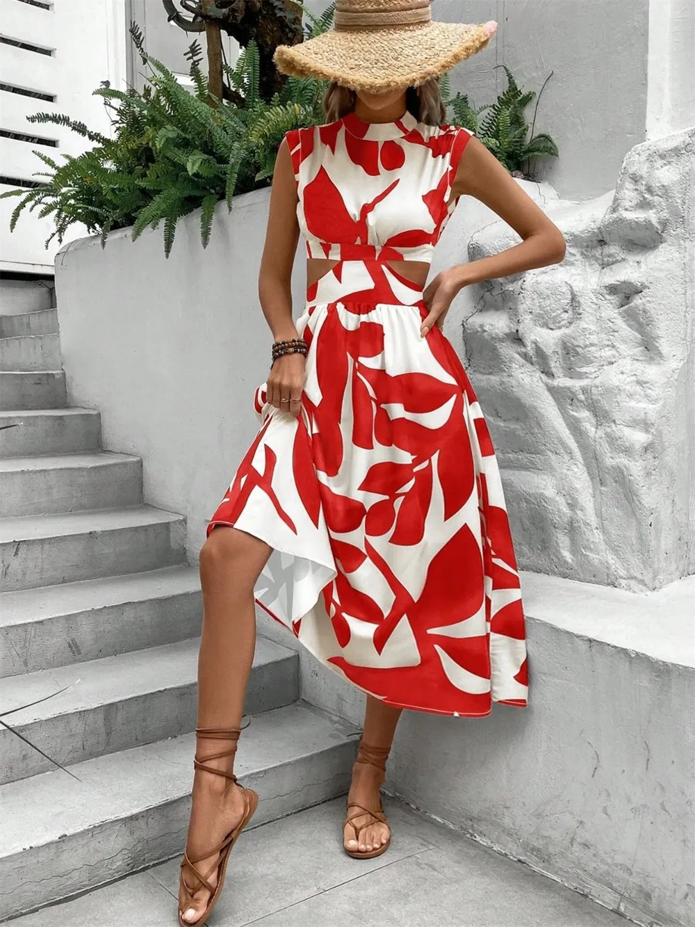Cutout Printed Cap Sleeve Midi Dress, image 9