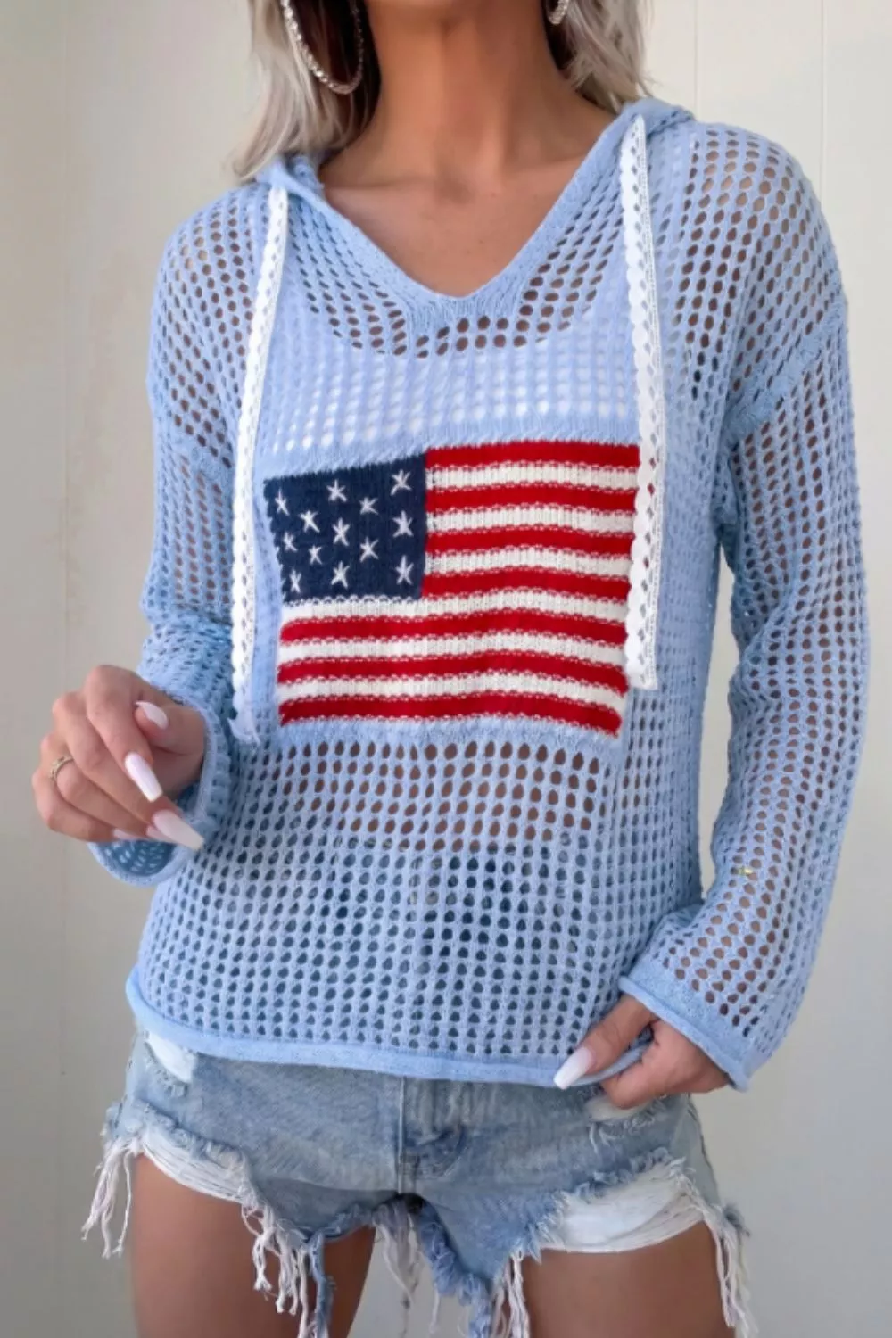 Hollow Out Crochet Knit American Flag Patched Knit Cover Up, image 3