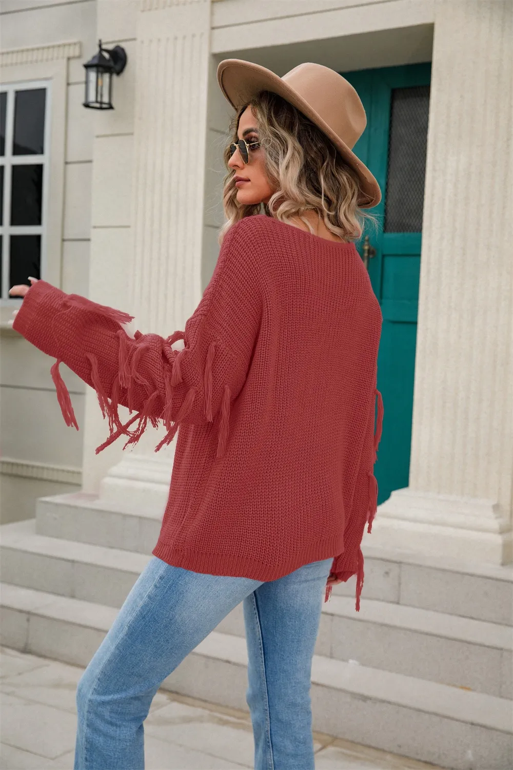 Fringe Round Neck Dropped Shoulder Sweater, image 4