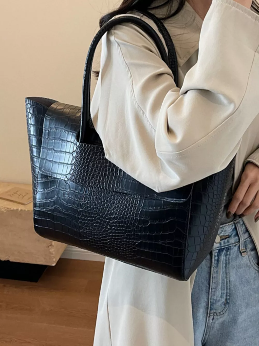 Crocodile Embossed Tote Bag, image 3