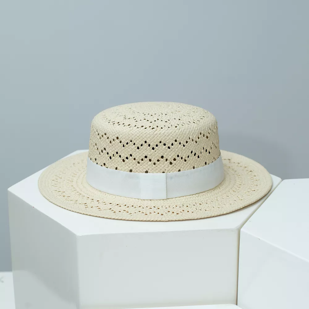 Woven Straw Boater Hat with Ribbon, image 3