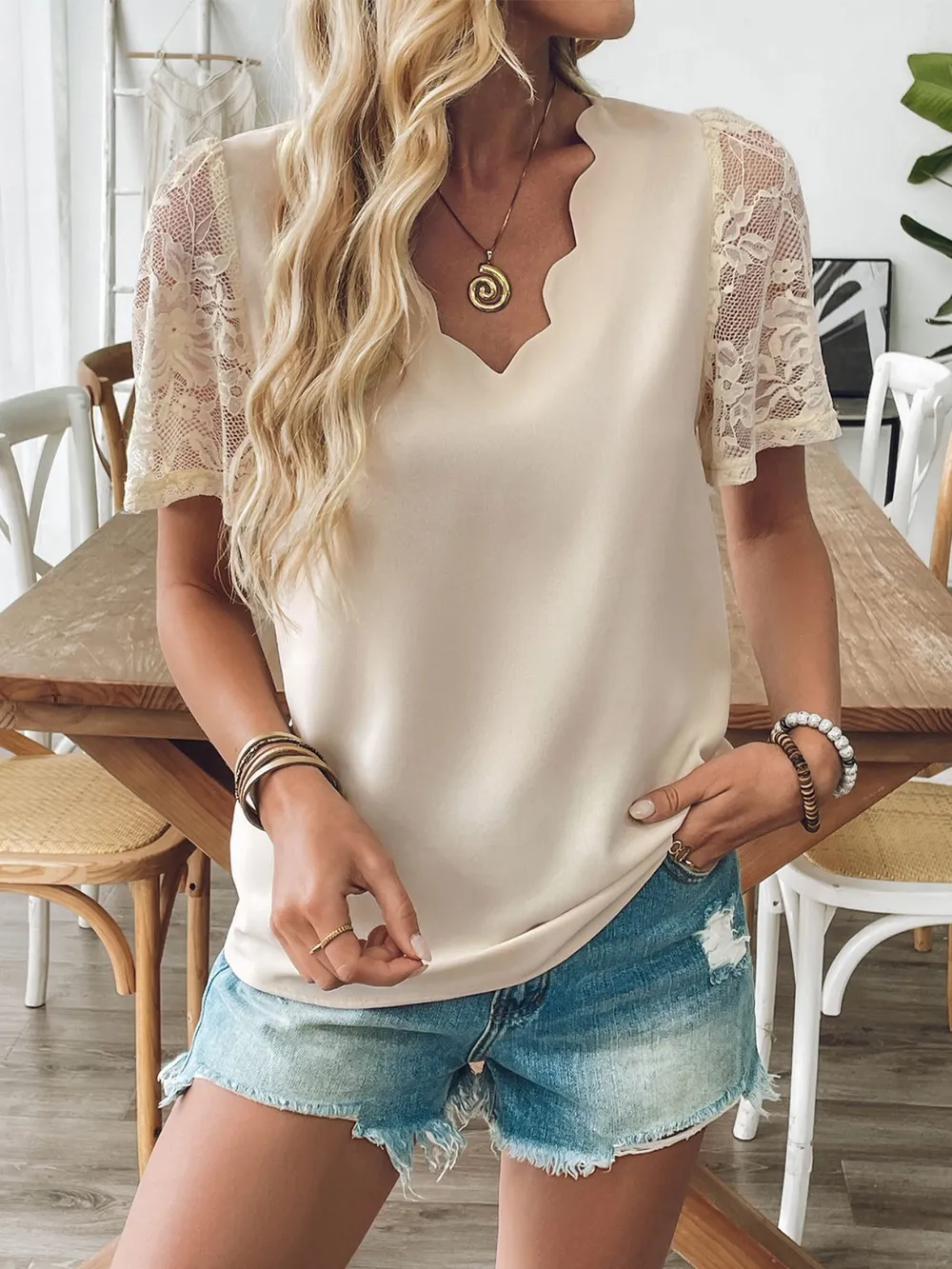 V-Neck Lace Short Sleeve T-Shirt, image 2