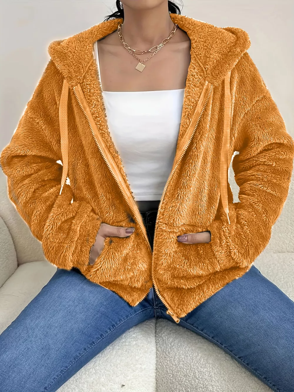Drawstring Fleece Zip-Up Outerwear, image 13