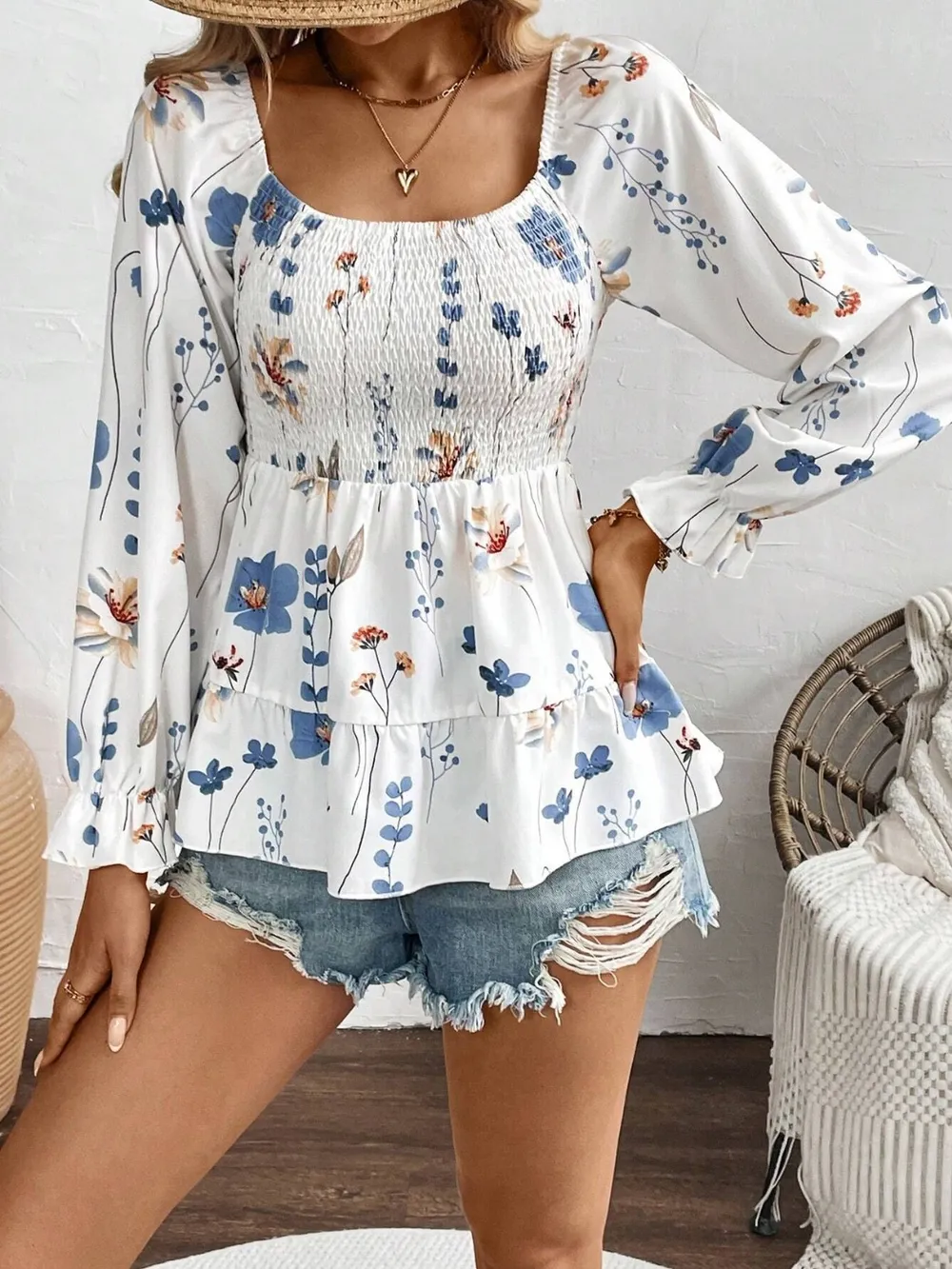 Smocked Floral Scoop Neck Flounce Sleeve Blouse, image 6