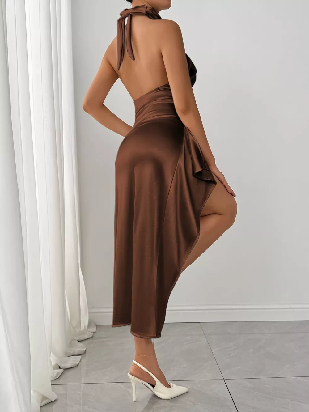 Halter Neck High Slit Satin Dress, image 7