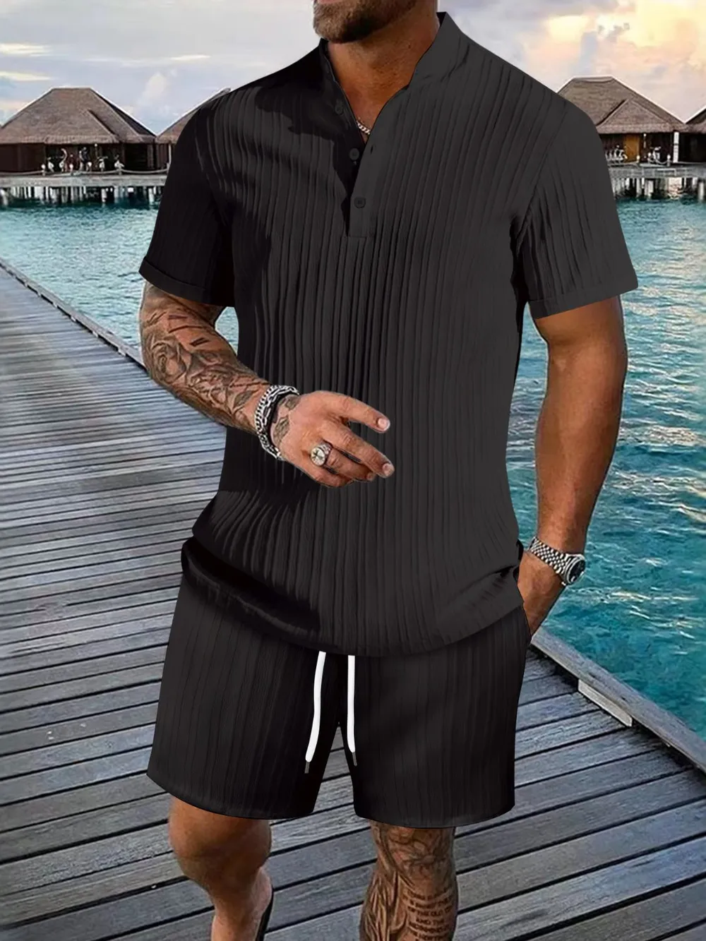 Men's Full Size Button Detail Short Sleeve Top and Shorts Set Plus Size