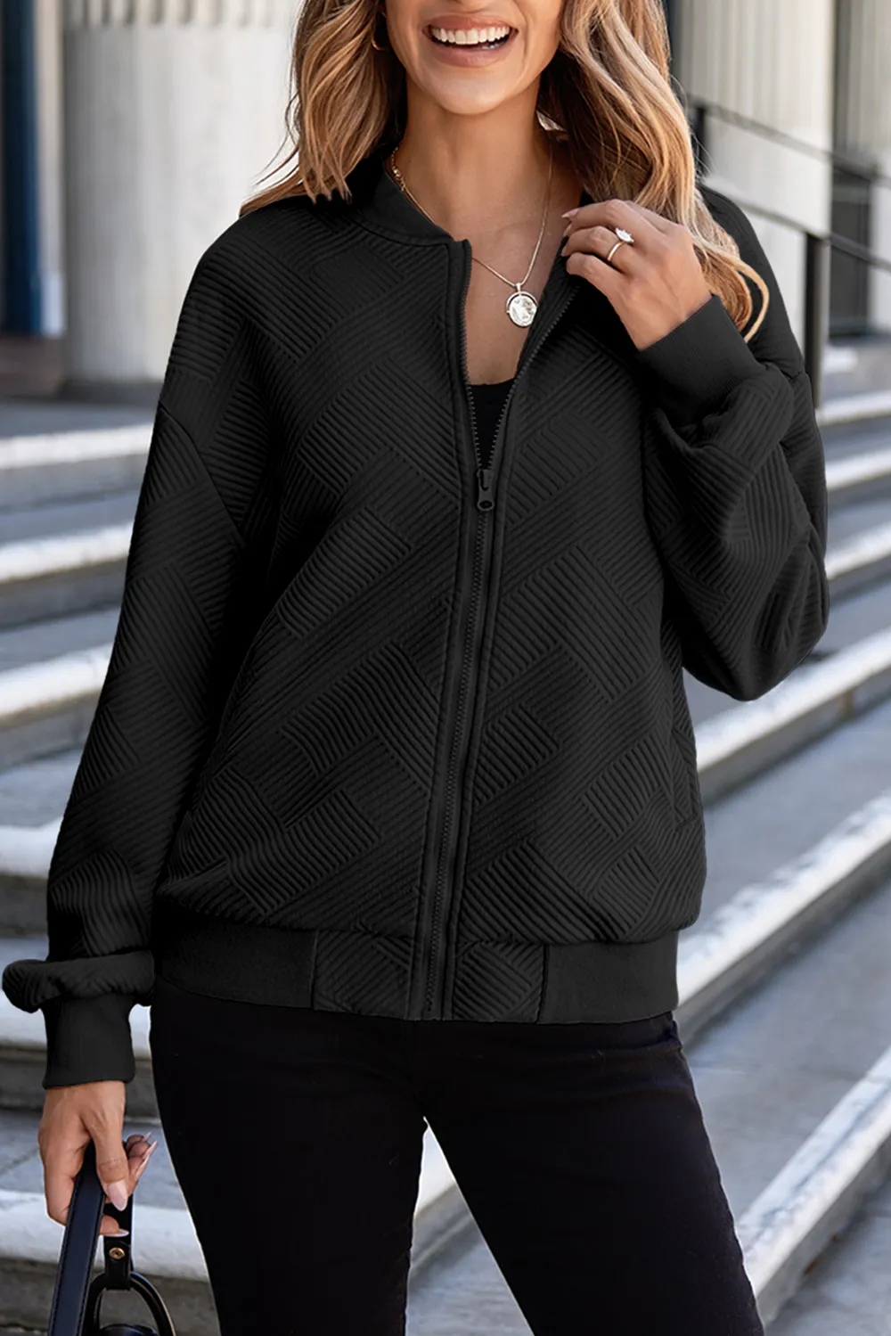 Texture Zip Up Baseball Collar Long Sleeve Jacket, image 9