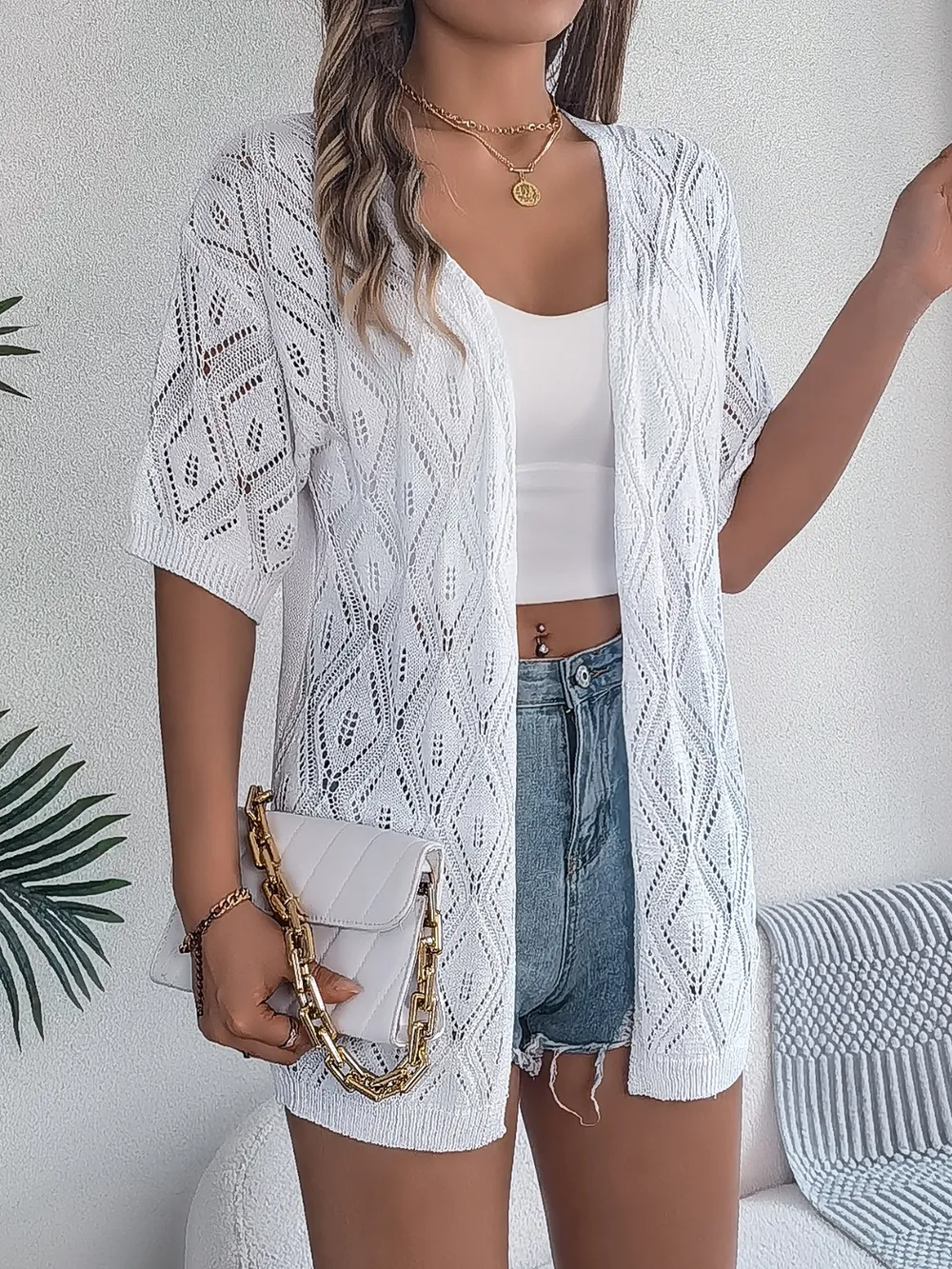 Openwork Open Front Half Sleeve Cardigan, image 2