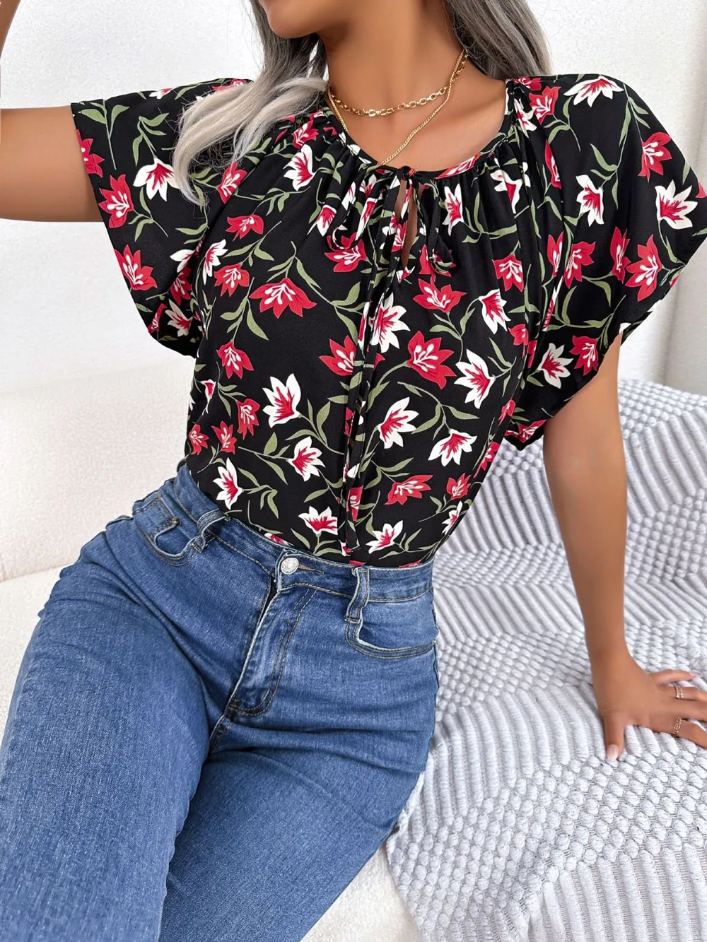 Floral Tie Neck Flutter Sleeve Blouse, image 5