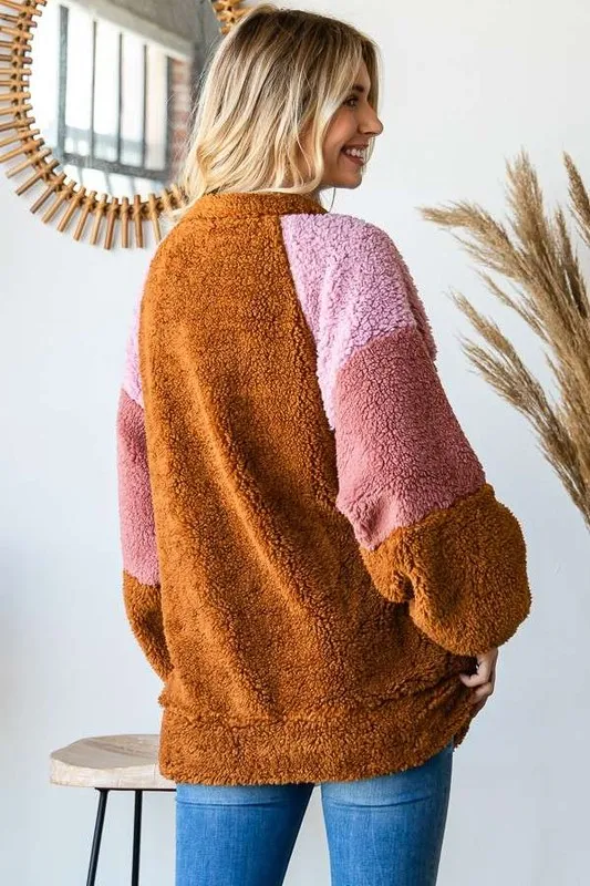 Color Block Faux Fur Raglan Sleeve Sweatshirt, image 2