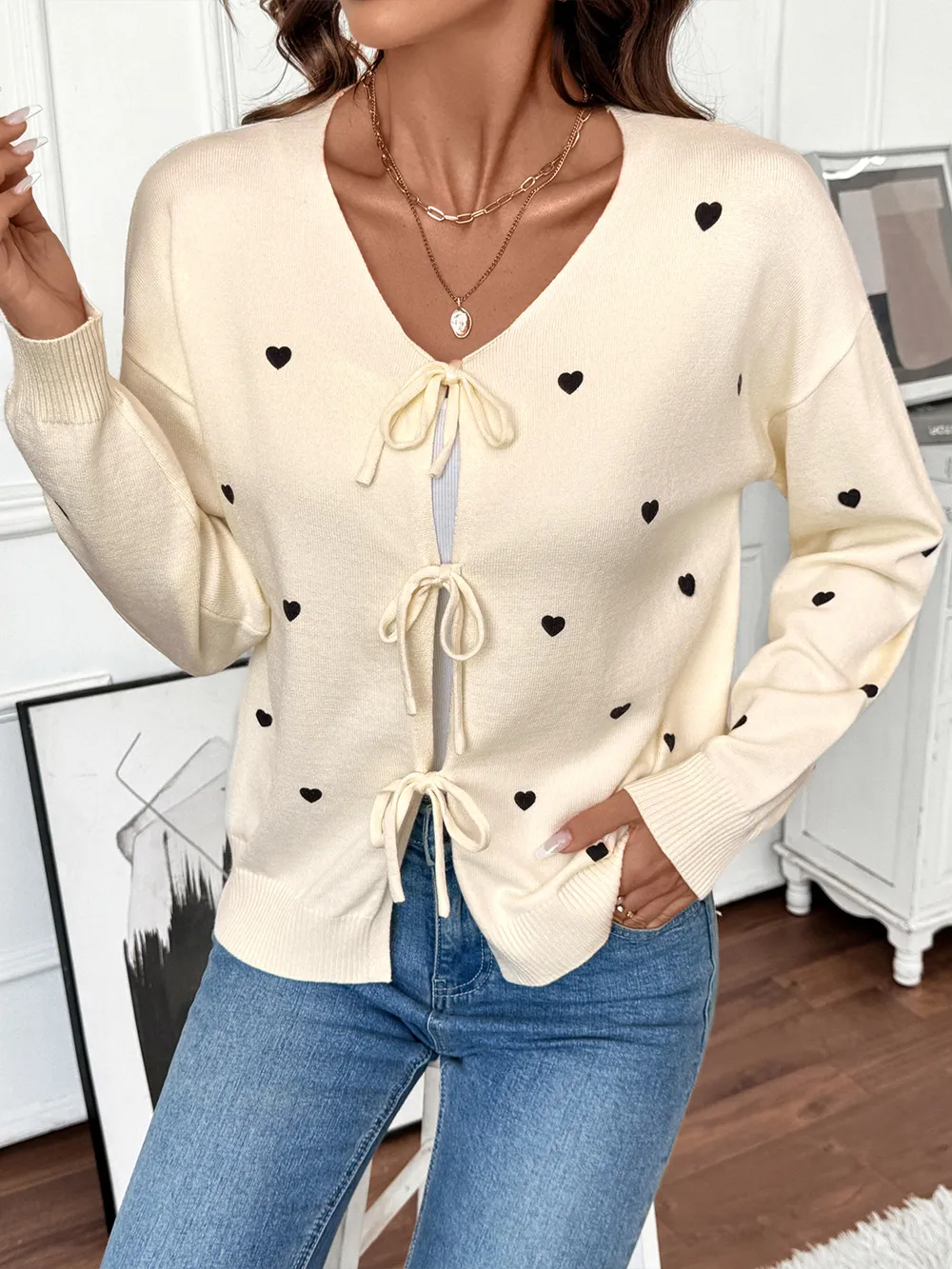 Heart Tie-Front Long Sleeve Cardigan, image 5