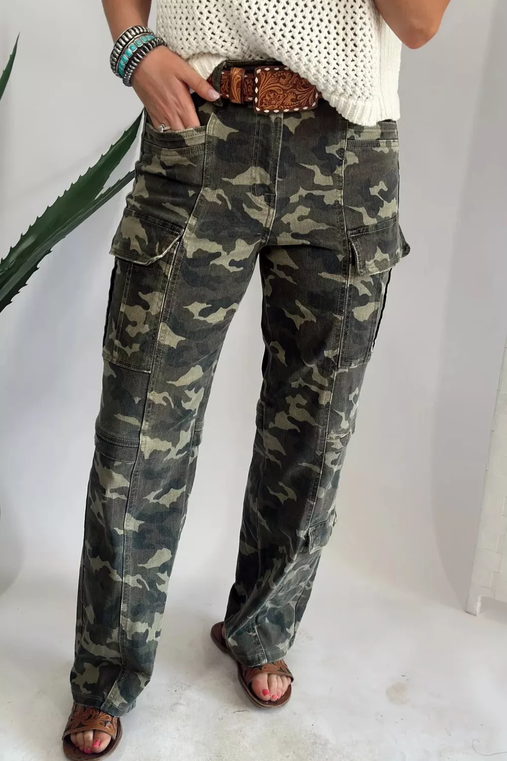 Camouflage Print Multi Pocketed Womens Denim Pants