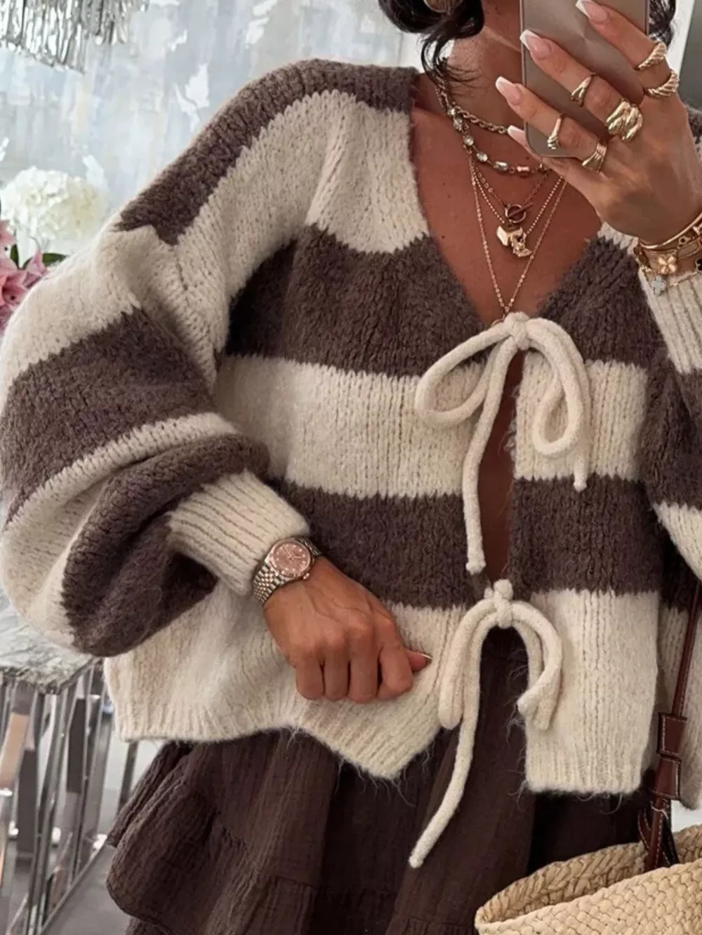 Striped Tie-Front Knit Cardigan, image 5